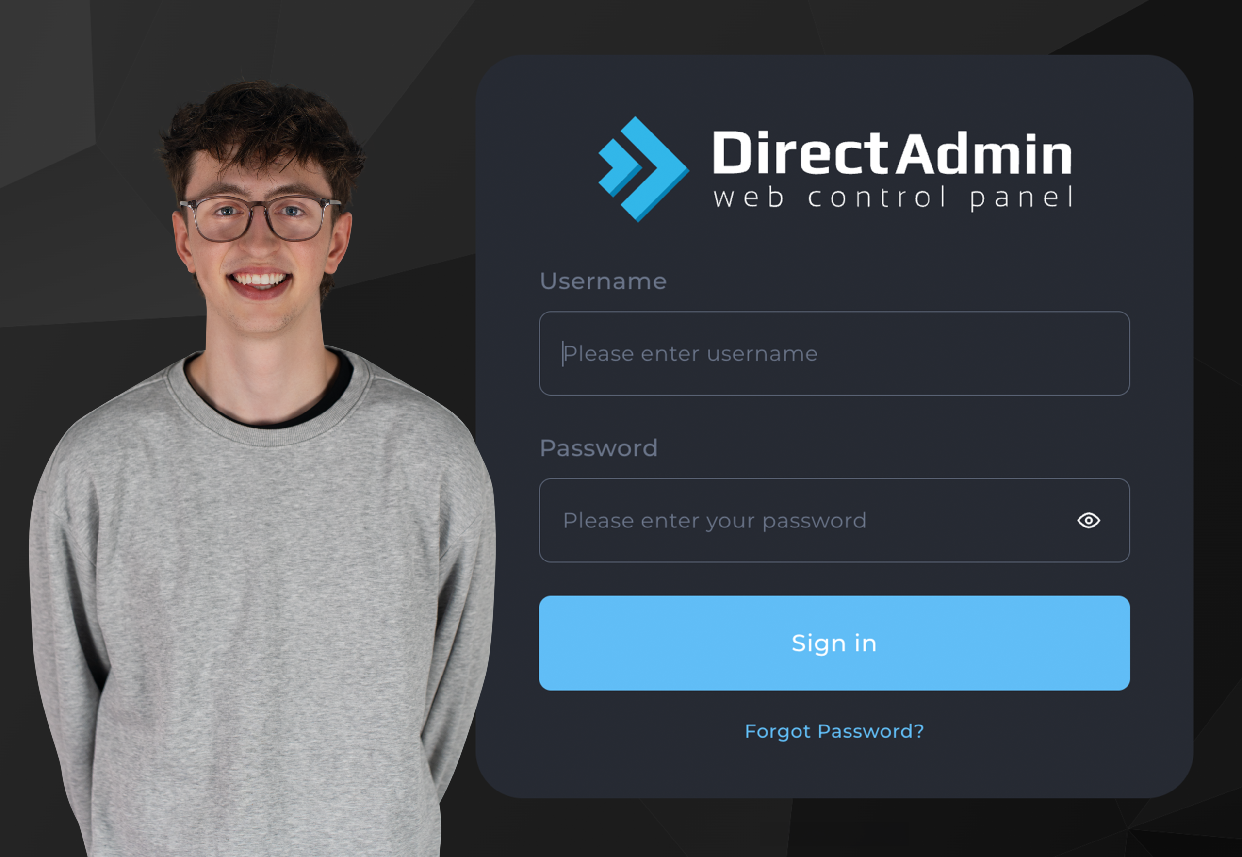 DirectAdmin control panel met Lars van Dongen ernaast